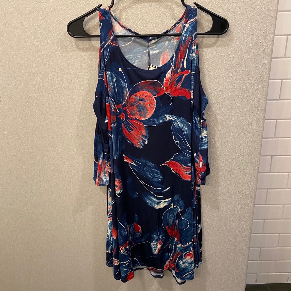 Navy Floral Open Shoulder Dress- Size S- NWT